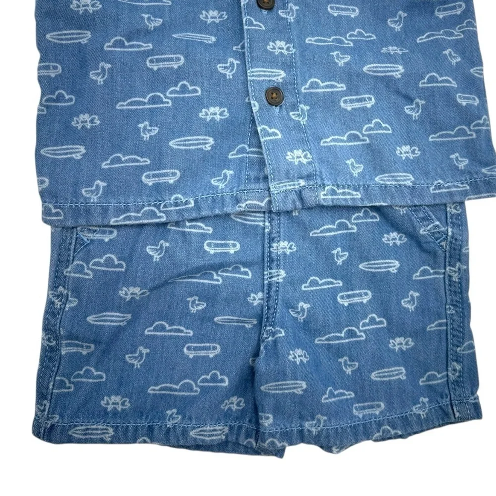 Cat & Jack Short Sleeve Denim Button-Down Shirt Pull On Shorts Set Medium Wash